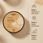 Huile de coco bio Najel avec guide d'application en 3 étapes pour peau sèche