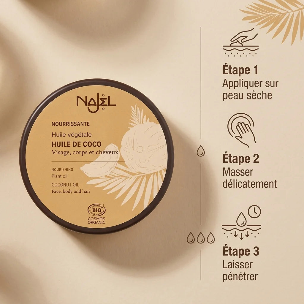 Huile de coco bio Najel avec guide d'application en 3 étapes pour peau sèche