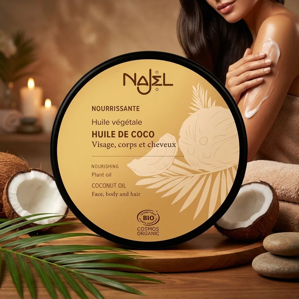 Huile de coco bio Najel appliquée sur peau et cheveux en setting spa luxueux