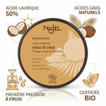 Huile de coco bio Najel avec composition nutritionnelle et certifications en infographie