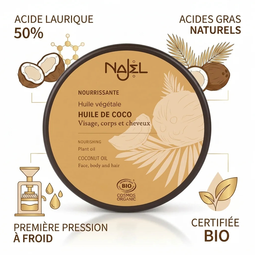 Huile de coco bio Najel avec composition nutritionnelle et certifications en infographie