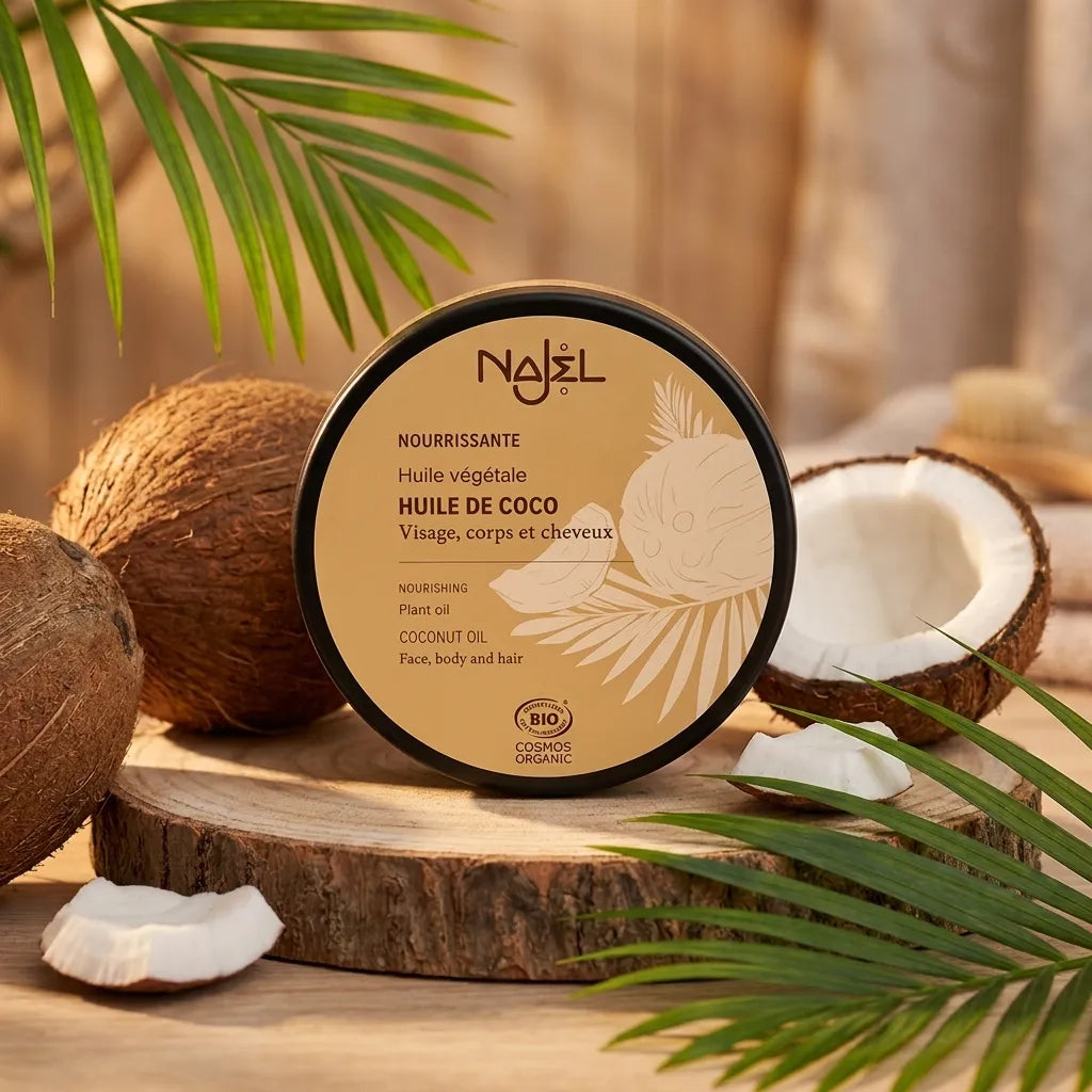 Huile de coco bio Najel en pot noir avec étiquette beige entourée de noix de coco fraîches et feuilles tropicales