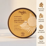 Najel huile de coco bio certifiée avec icônes cibles : femmes actives, parents naturels, beauté et santé