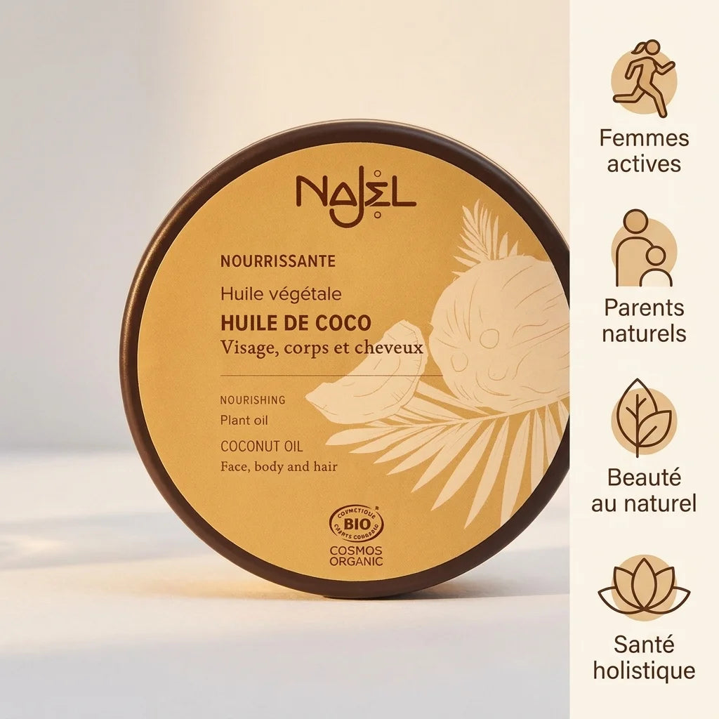Najel huile de coco bio certifiée avec icônes cibles : femmes actives, parents naturels, beauté et santé
