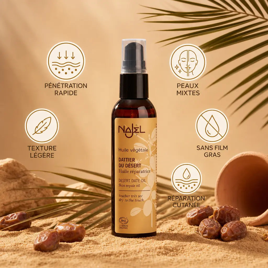 Huile de Dattier du Désert Najel bio avec bénéfices : absorption rapide, texture légère, peaux mixtes