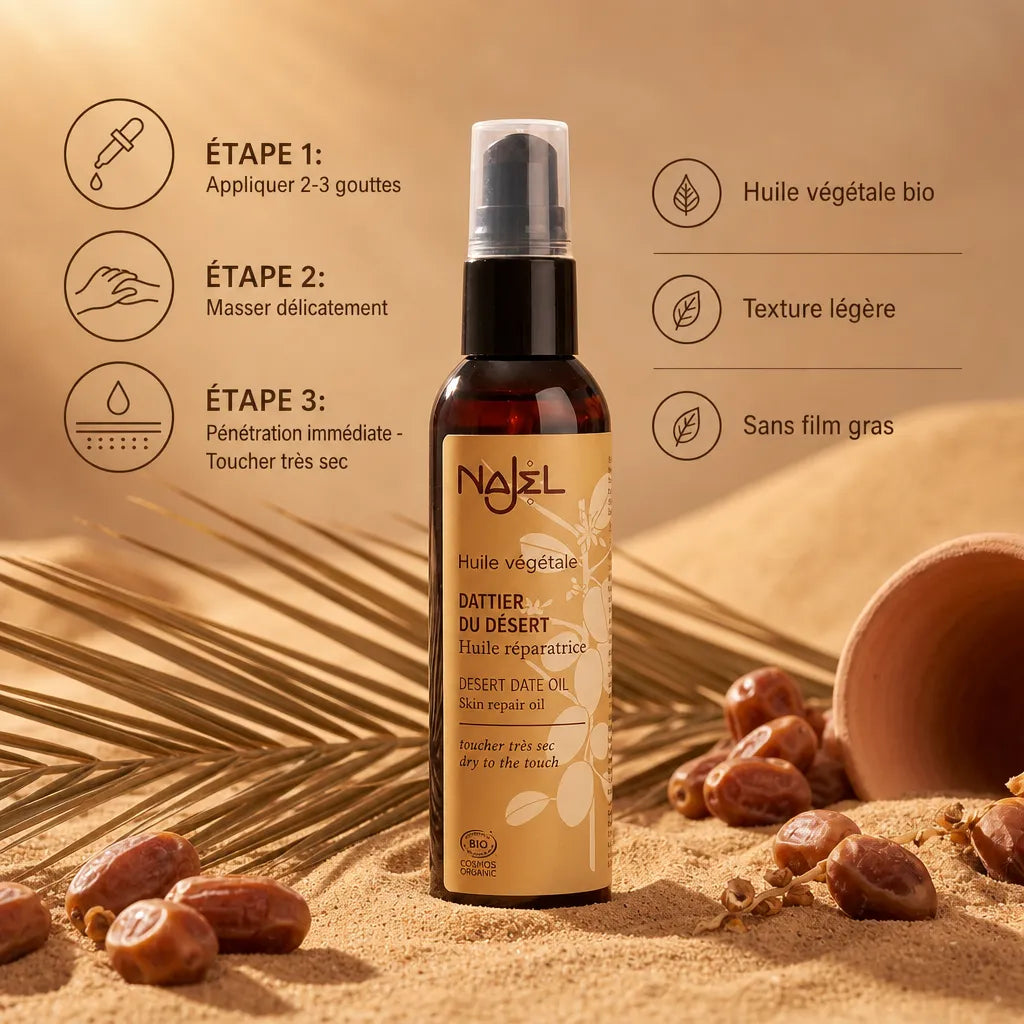 Huile de Dattier du Désert Najel bio avec étapes d'application et bénéfices skincare