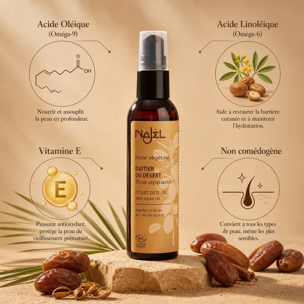 Huile de Dattier du Désert Najel bio avec infographie des acides gras et vitamine E