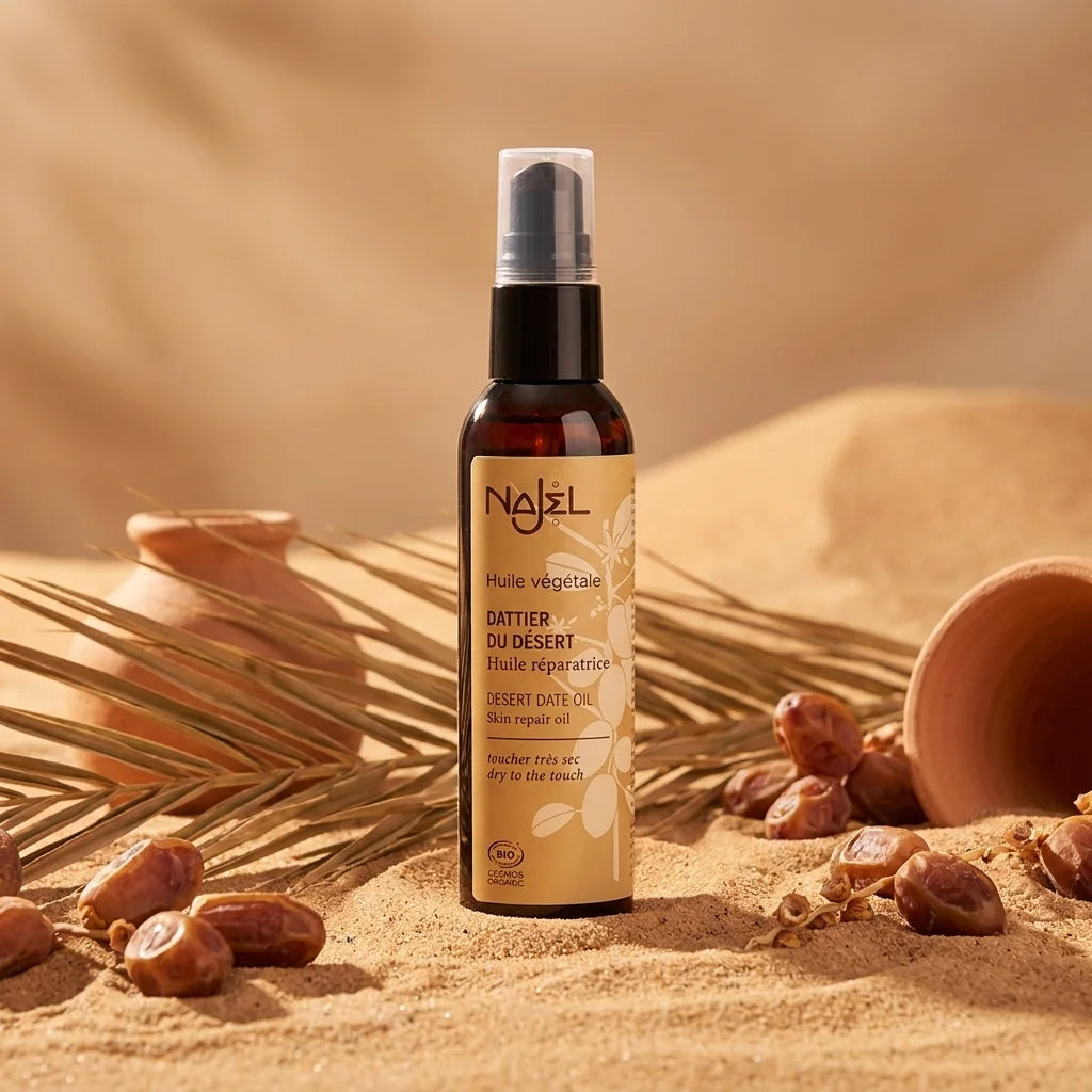 Huile de Dattier du Désert Najel bio en flacon avec accessoires de soins naturels