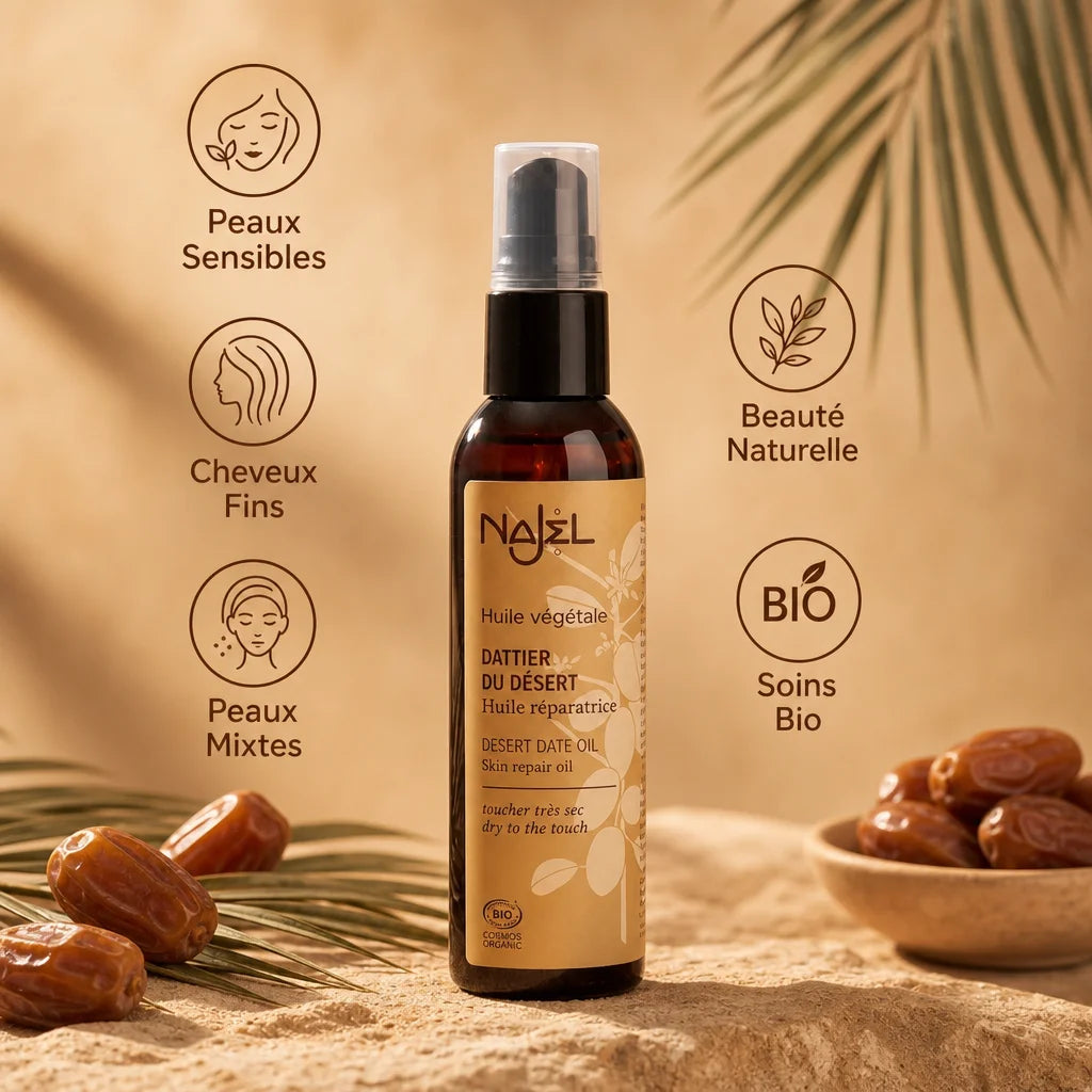 Huile de Dattier du Désert Najel bio avec symboles peaux sensibles, cheveux fins et beauté naturelle