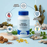 Capsules Huile de Foie de Morue MERalia avec infographie bénéfices : santé osseuse, immunité, vitalité, vision, cœur