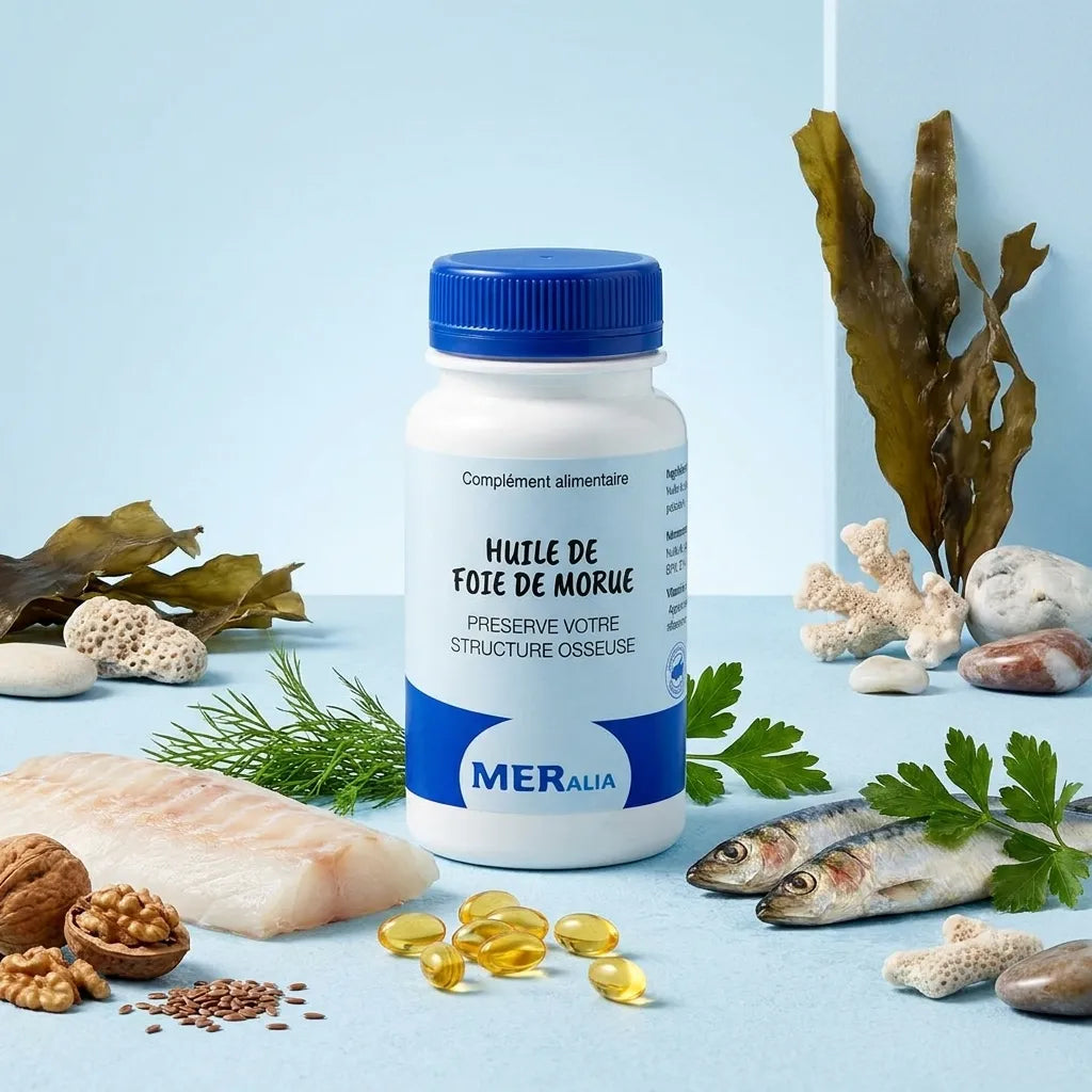 Bouteille MERalia Huile de Foie de Morue avec ingrédients oméga-3 et poisson frais sur surface bien-être