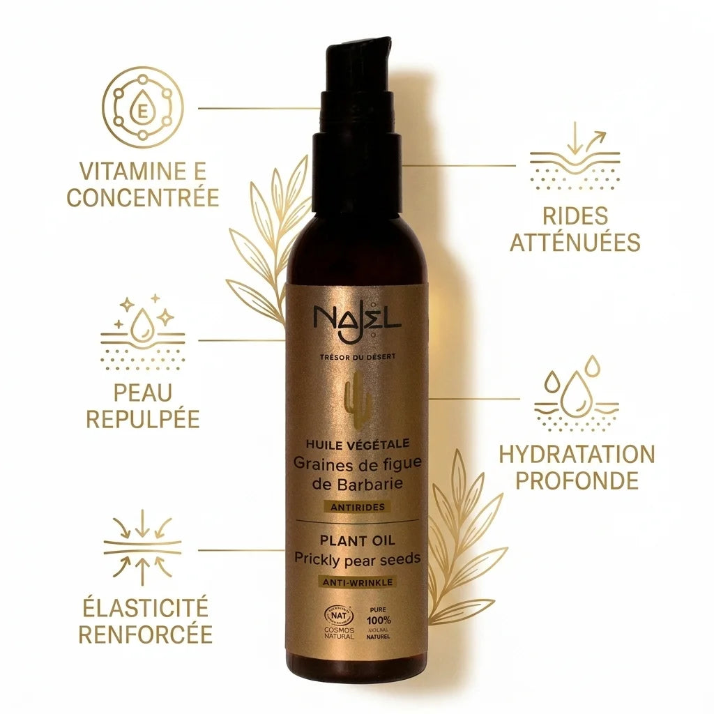 Huile de graines de figue de Barbarie Najel - Vitamine E, rides atténuées, hydratation profonde