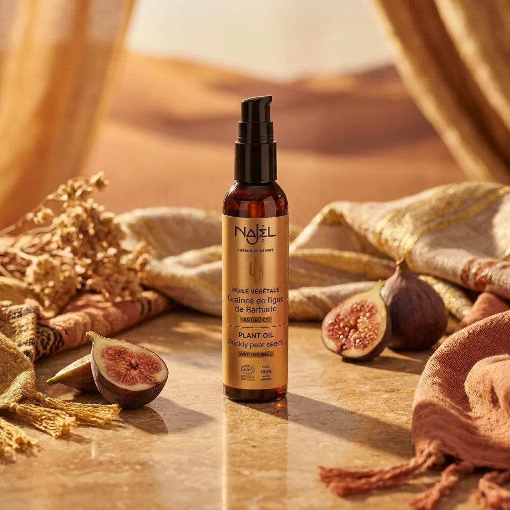 Huile de graines de figue de Barbarie Najel en bouteille avec figues fraîches et éléments marocains