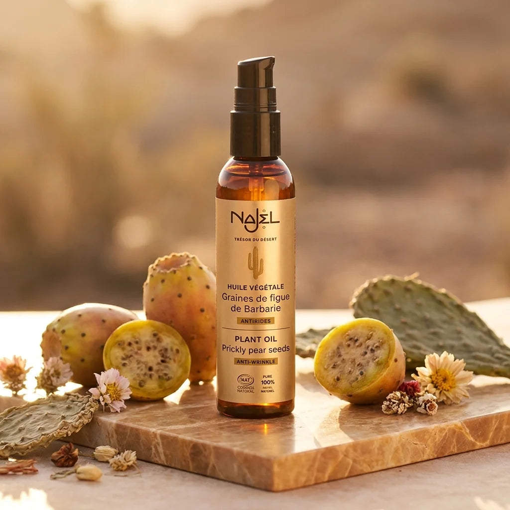 Najel huile graines figue Barbarie bouteille luxe sur marbre avec fruits et botaniques secs
