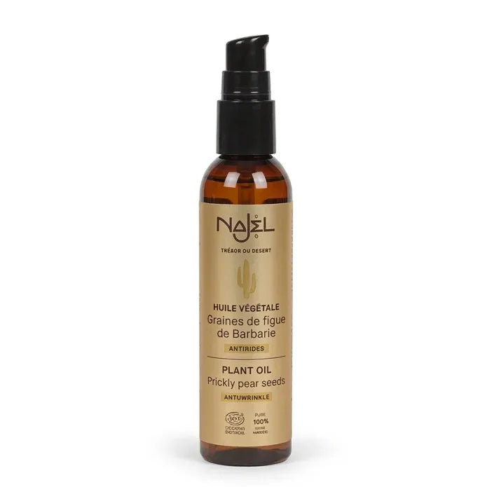 Bouteille Najel huile de graines de figue de Barbarie spray verre ambré fond blanc