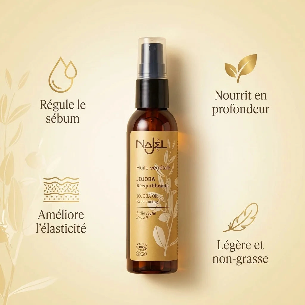 Najel huile de jojoba bio avec bénéfices : régule sébum, nourrit, élasticité, légère