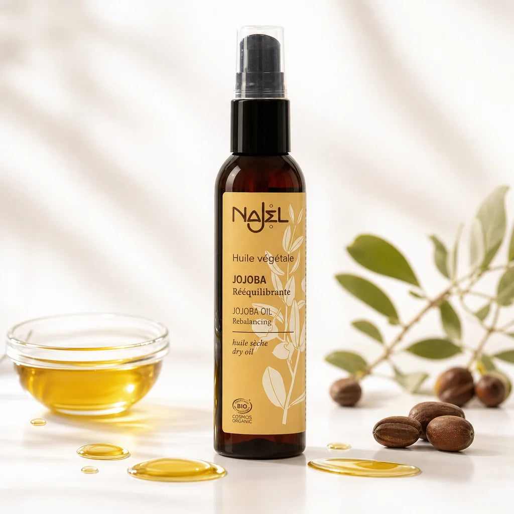 Huile de Jojoba certifiée bio Najel avec gouttes et graines de jojoba sur fond blanc