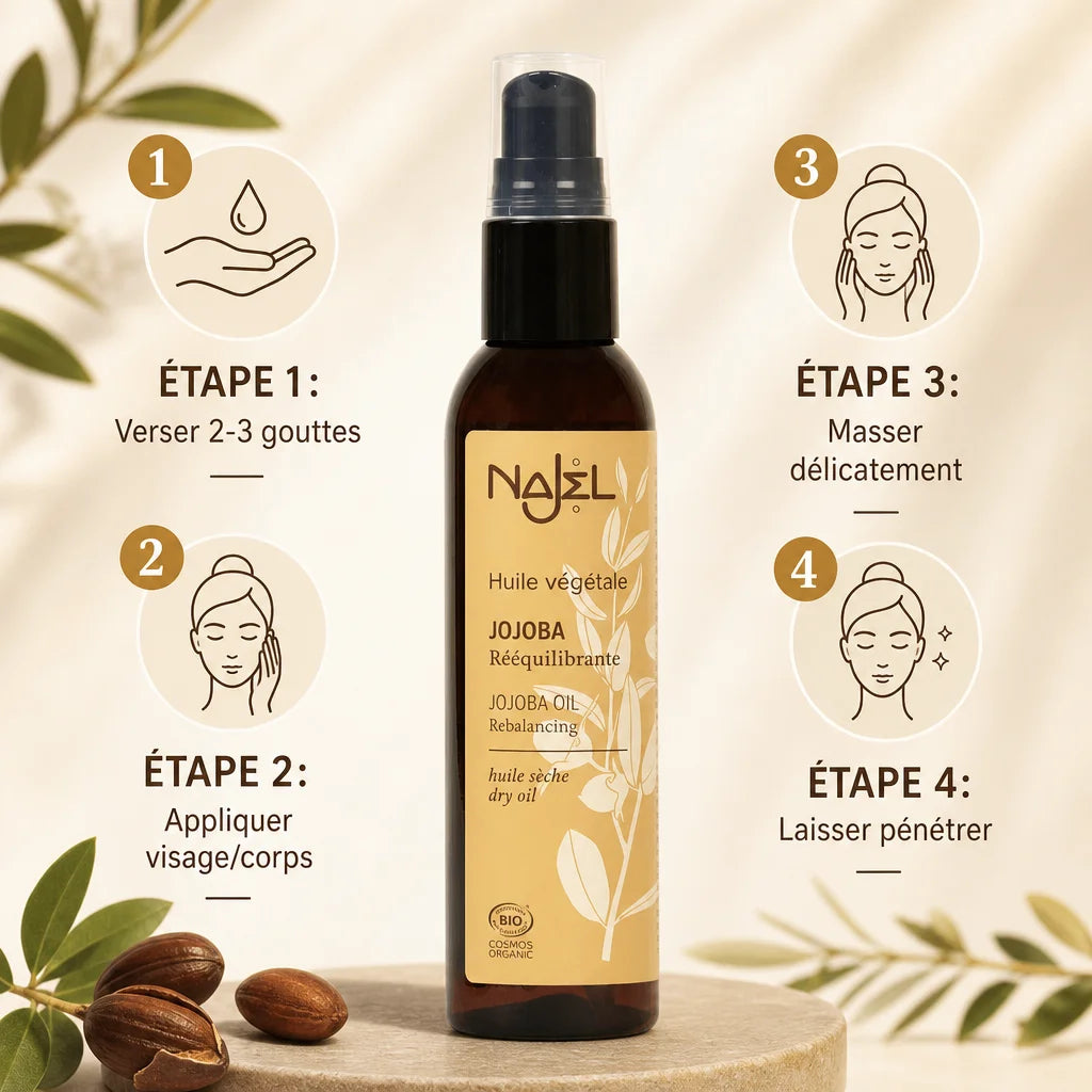 Huile de Jojoba bio Najel avec guide d'application en 4 étapes pour visage et corps