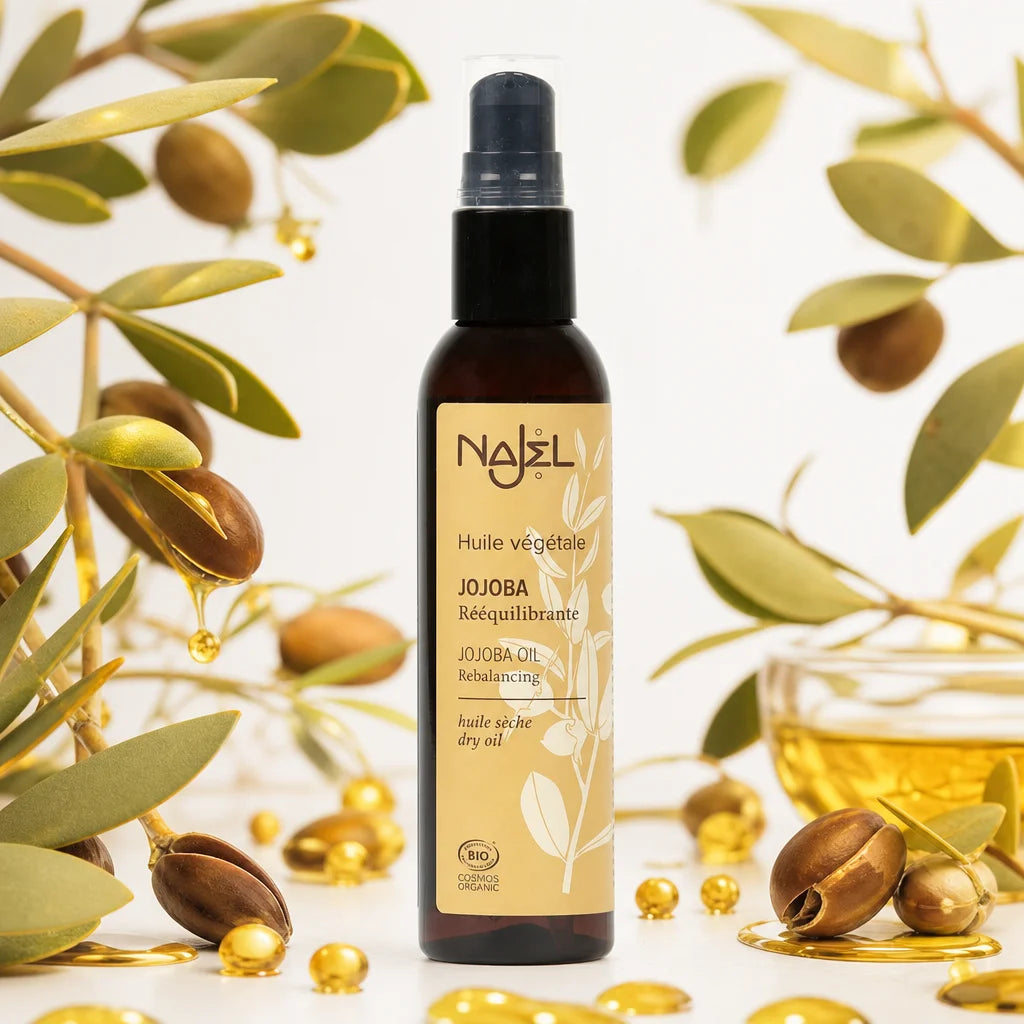 Huile de Jojoba Najel bio avec branches et graines de jojoba sur fond blanc