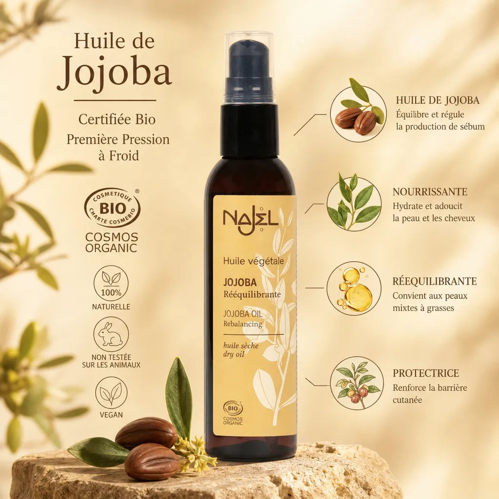 Huile de Jojoba bio Najel certifiée avec infographie ingrédients et symboles certification écologique
