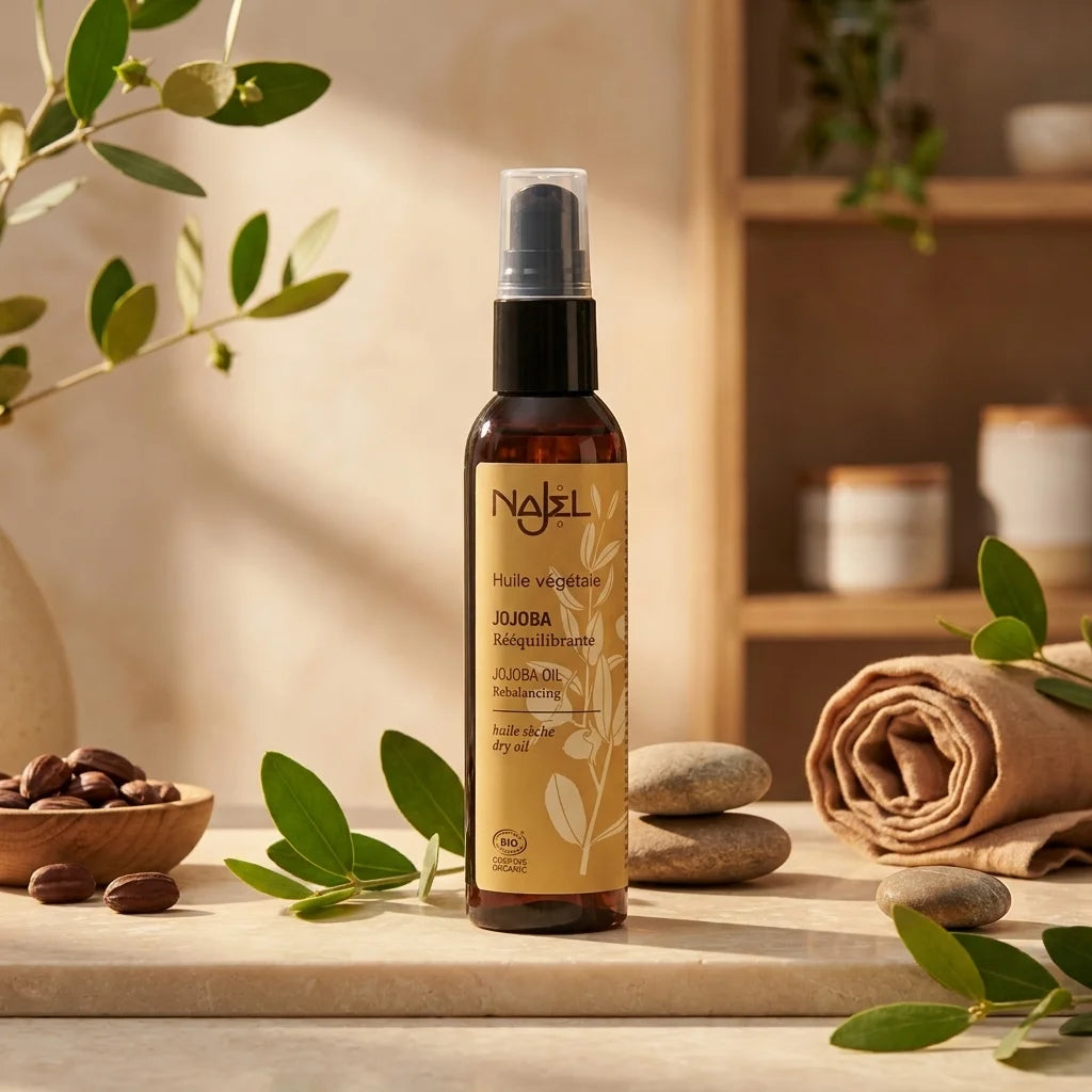 Huile de Jojoba bio Najel avec feuilles de jojoba et pierres dans ambiance spa luxe