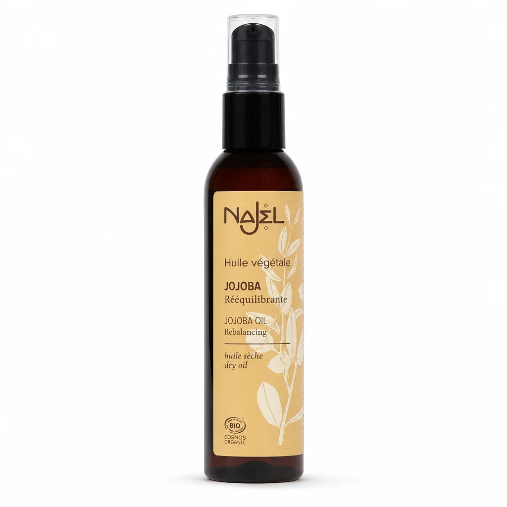 Bouteille d'huile de jojoba bio Najel avec pompe spray, sur fond blanc