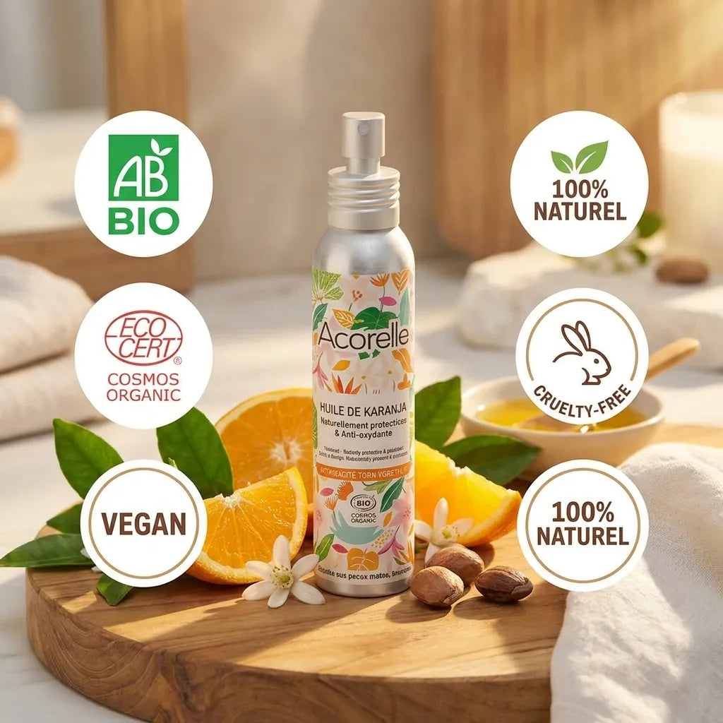 Huile de Karanja bio Acorelle certifiée avec labels écocert et vegan
