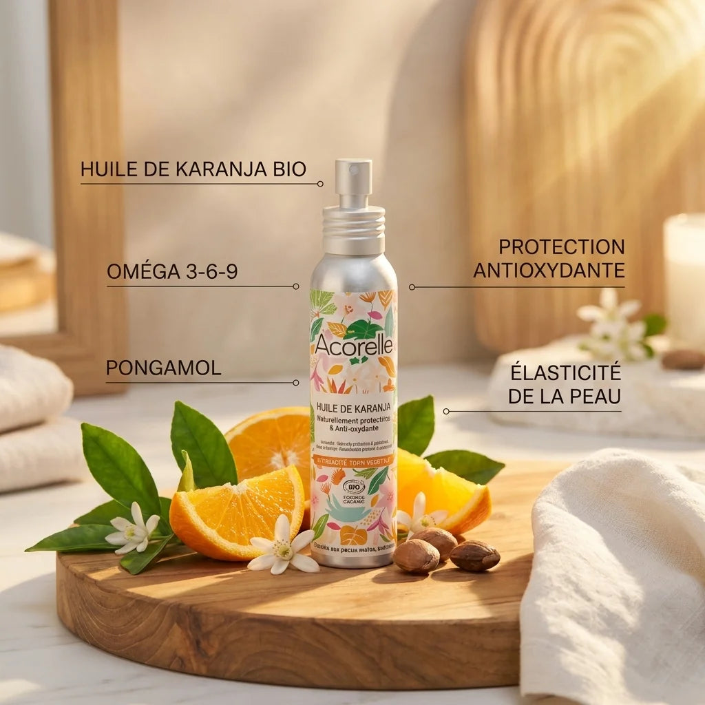 Huile de Karanja bio Acorelle en flacon spray avec ingrédients naturels et agrumes
