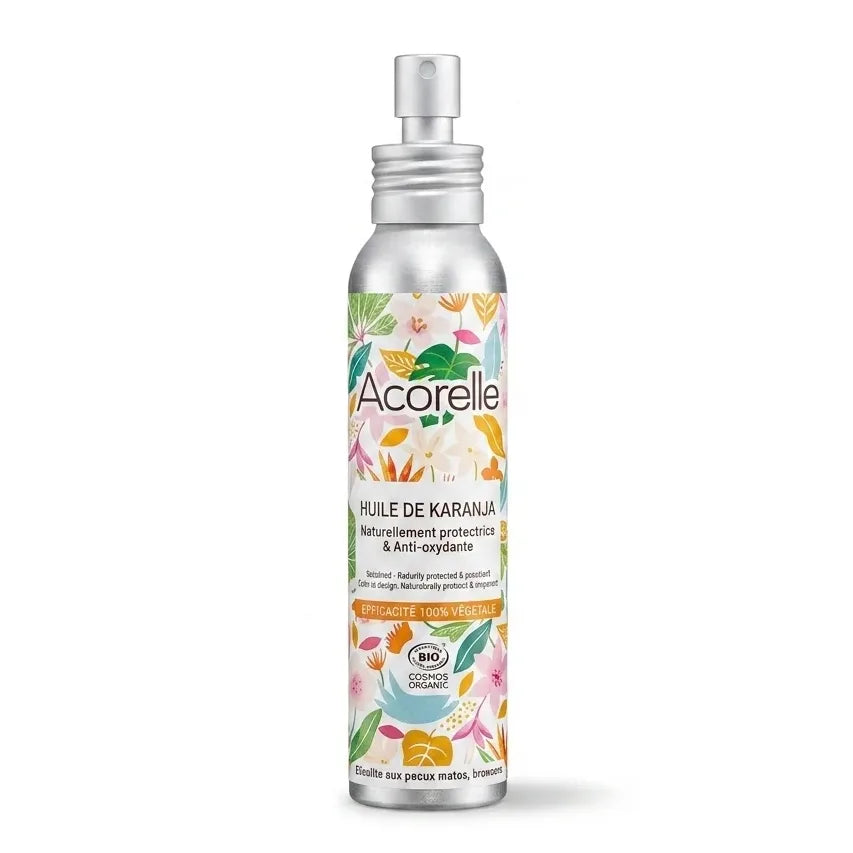 Bouteille Huile de Karanja bio Acorelle certifiée, flacon pulvérisateur sur fond blanc