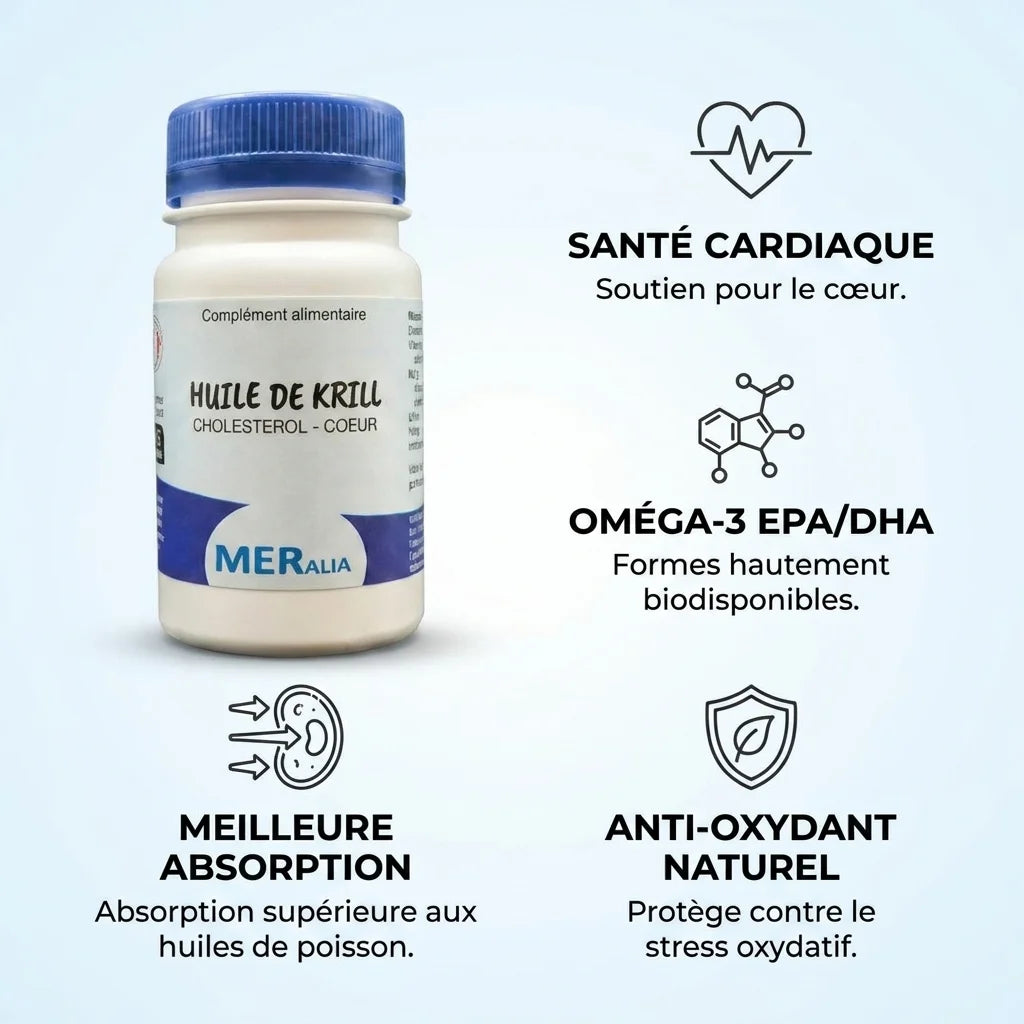 Huile de Krill MERalia en capsules avec bénéfices Oméga-3, santé cardiaque et antioxydant naturel