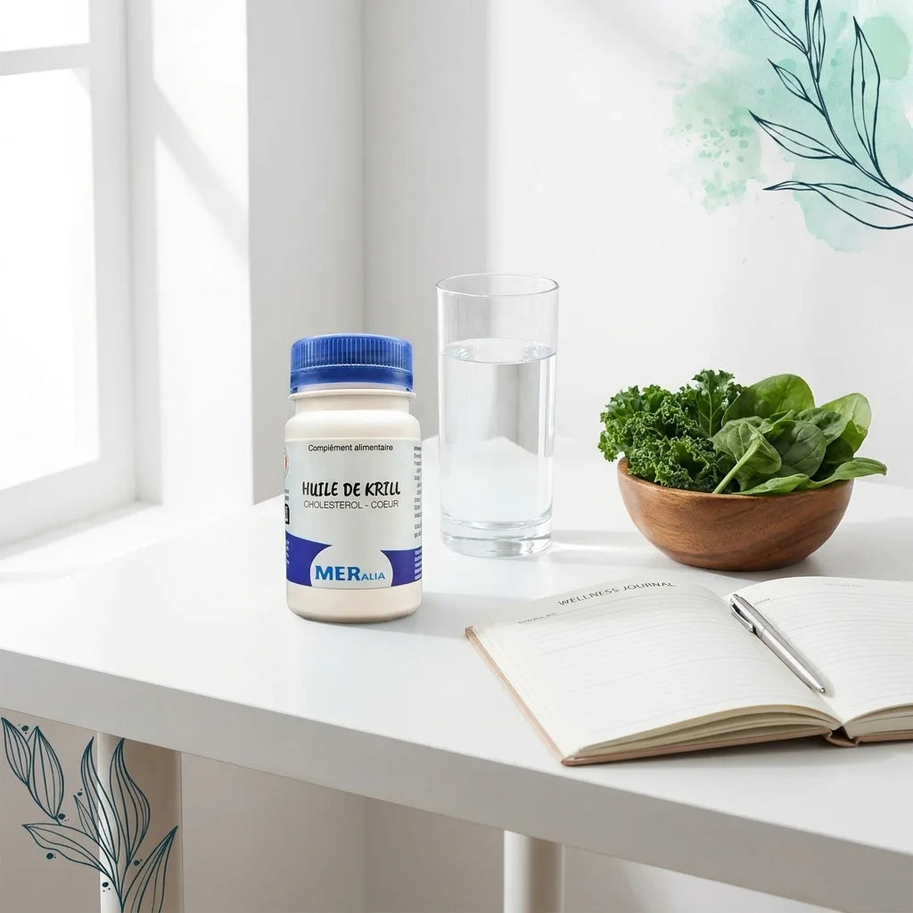 Bouteille Huile de Krill MERalia avec capsules sur bureau minimaliste, verre d'eau et légumes frais