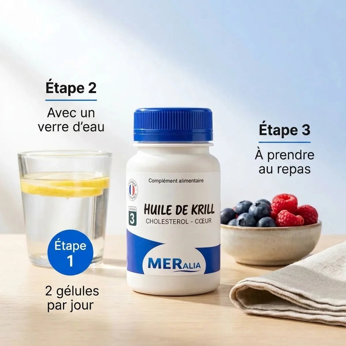 Huile de krill en capsules MERalia riche en oméga-3 avec instructions de dosage et verre d'eau
