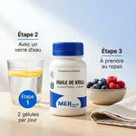 Huile de krill en capsules MERalia riche en oméga-3 avec instructions de dosage et verre d'eau