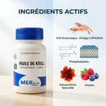 Bouteille d'huile de Krill MERalia avec ingrédients actifs : Oméga-3 EPA/DHA, Astaxanthine naturelle