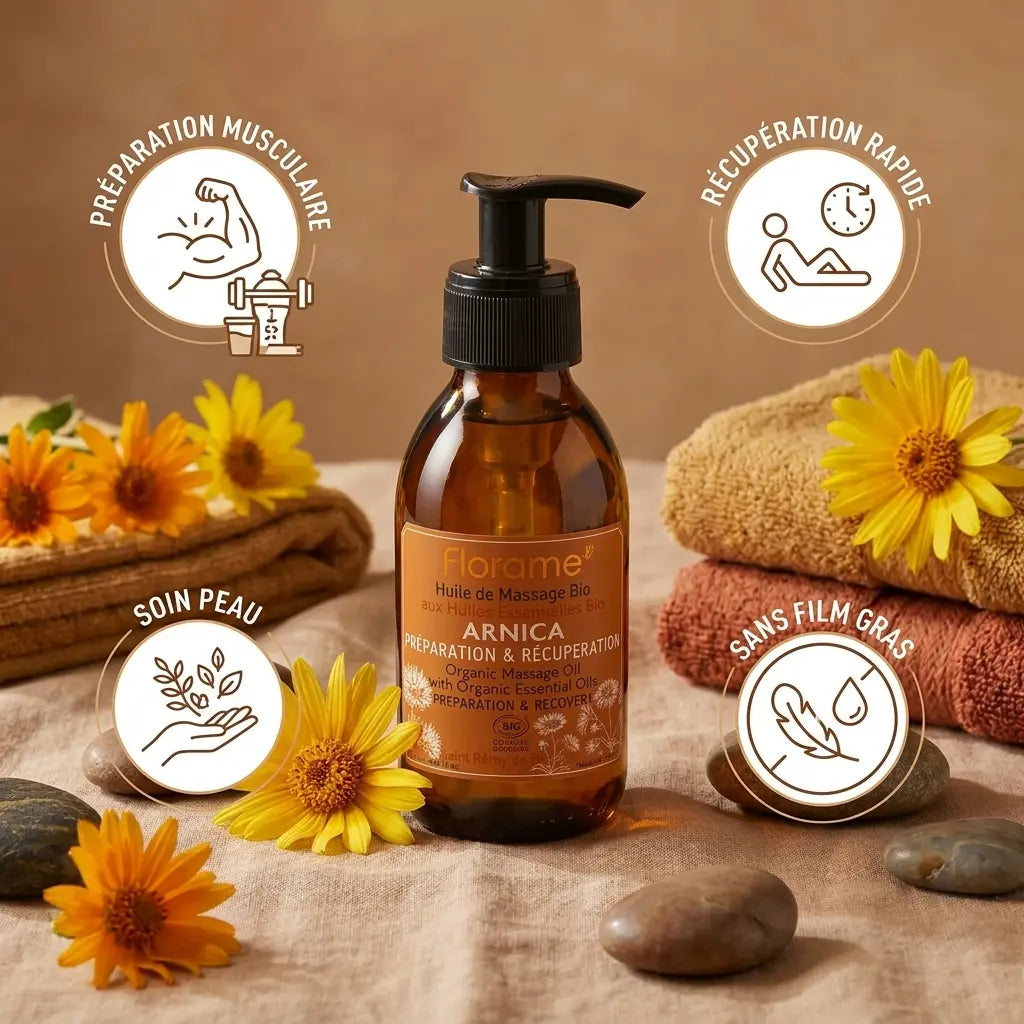 Huile de Massage Arnica bio Florame avec bénéfices musculaires et récupération