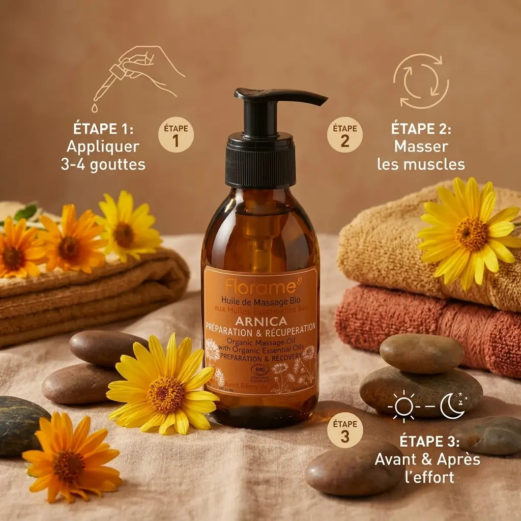 Flacon Florame Huile Massage Arnica bio avec guide application et pierres massantes sur fond beige