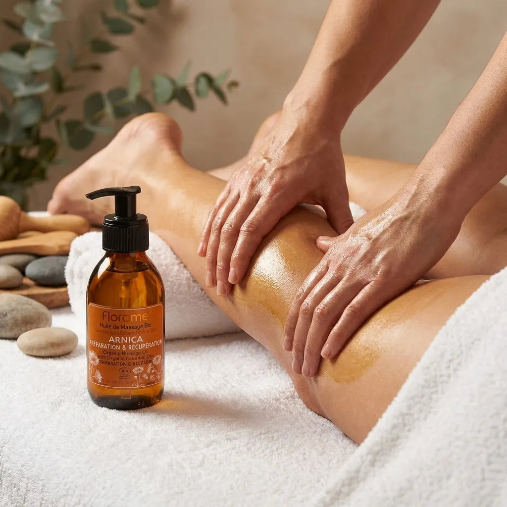 Huile de massage Arnica bio Florame en flacon appliquée sur une jambe pour la récupération musculaire