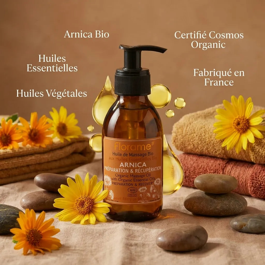 Huile de massage Arnica bio Florame certifiée, flacon ambré avec fleurs d'arnica et huiles essentielles