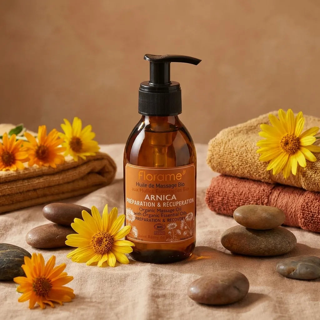 Huile de massage Arnica bio Florame en flacon verre ambré avec accessoires spa