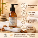 Huile de Massage Bio Florame en bouteille ambre avec bénéfices : nourrissante, apaisante, antioxydante