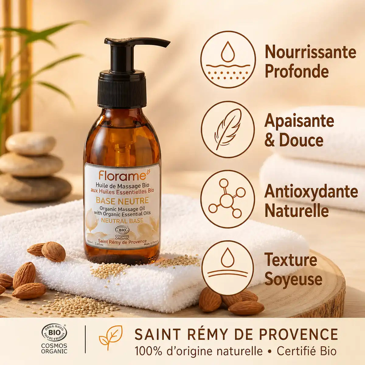 Huile de Massage Bio Florame en bouteille ambre avec bénéfices : nourrissante, apaisante, antioxydante