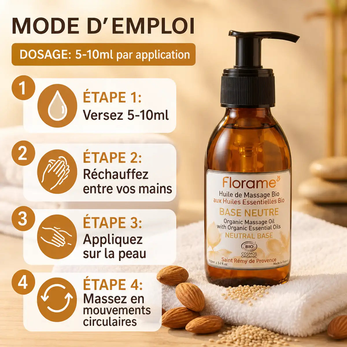 Huile de massage bio Florame avec guide d'utilisation en 4 étapes et dosage recommandé