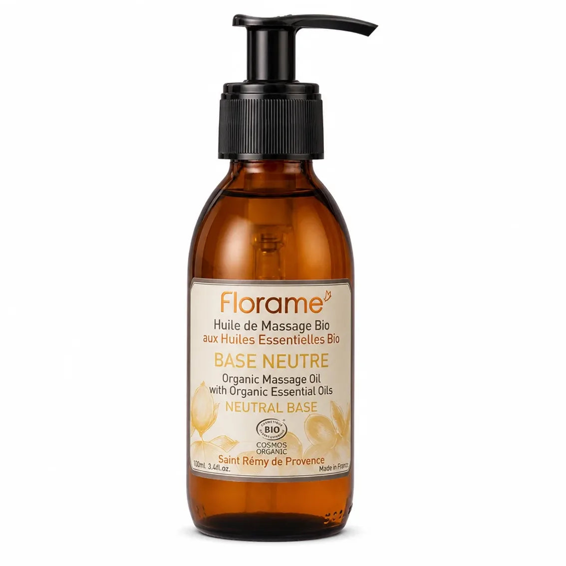 Huile de massage bio base neutre Florame en flacon verre ambré avec pompe doseuse