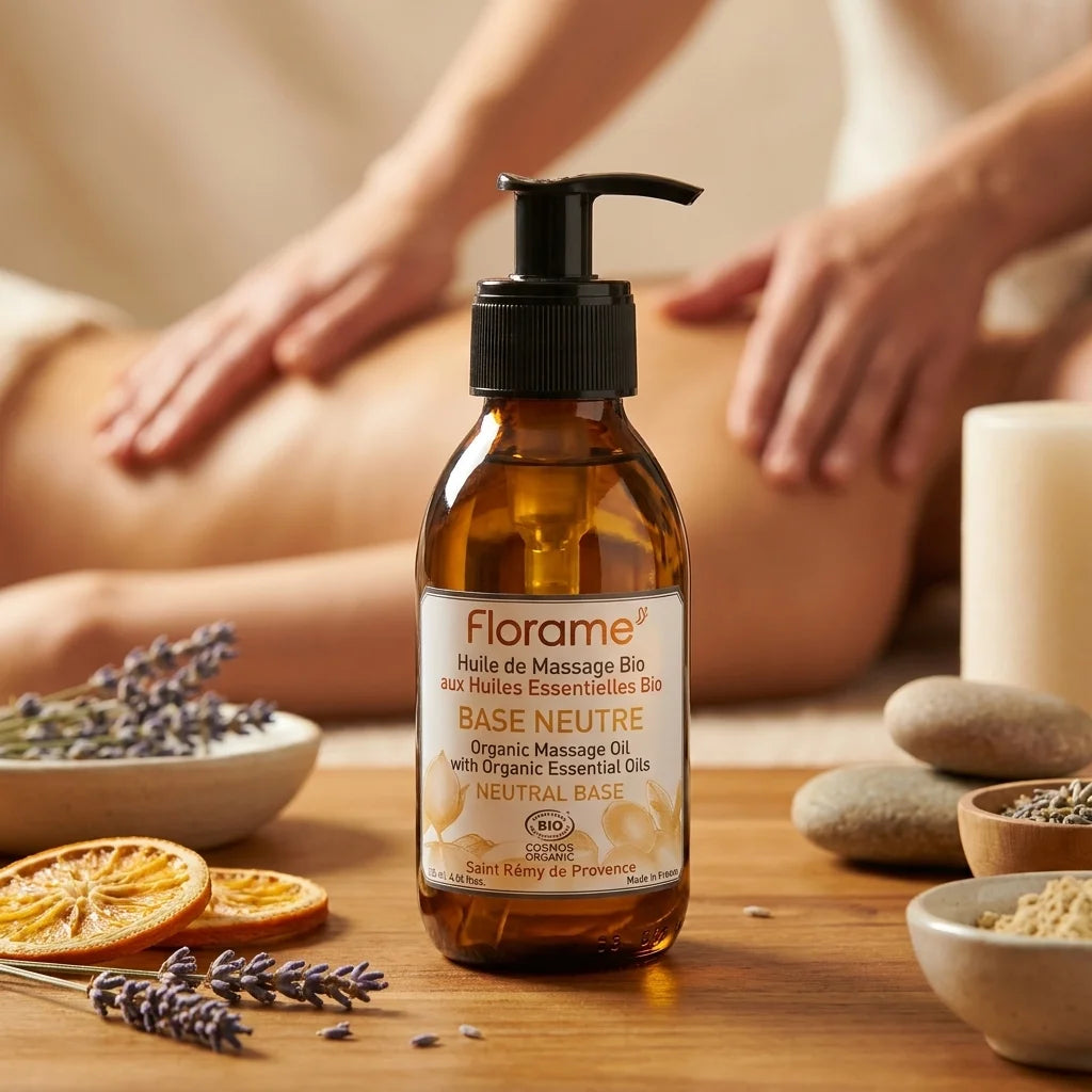 Huile de massage bio Florame en flacon verre ambré avec pompe, application spa relaxante sur peau