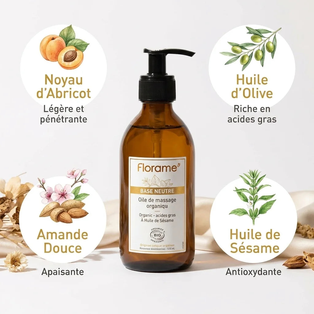 Huile de massage bio Florame avec ingrédients naturels : noyau d'abricot, olive, amande et sésame