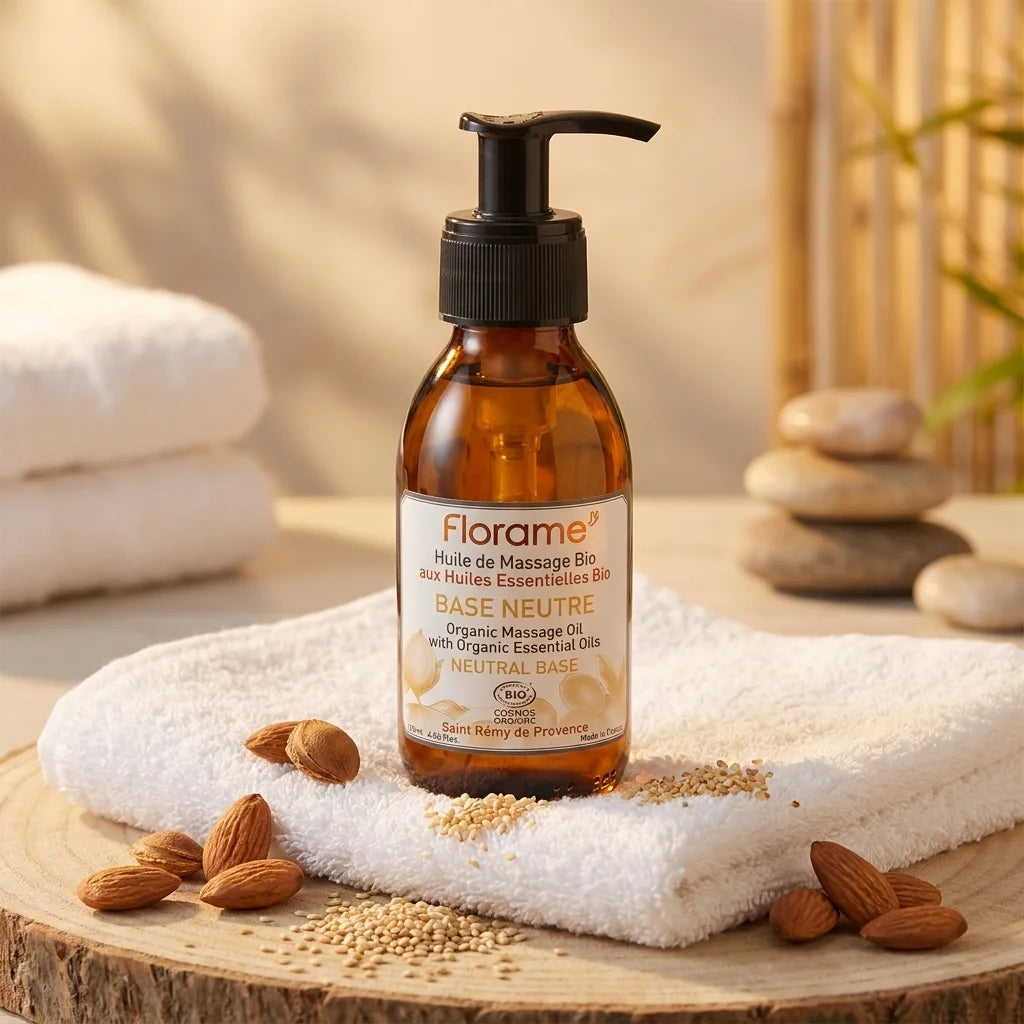 Huile de massage bio Florame base neutre en flacon ambré dans un décor spa relaxant