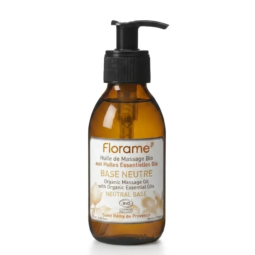 Huile de massage bio Florame en flacon verre ambré avec pompe, fond blanc