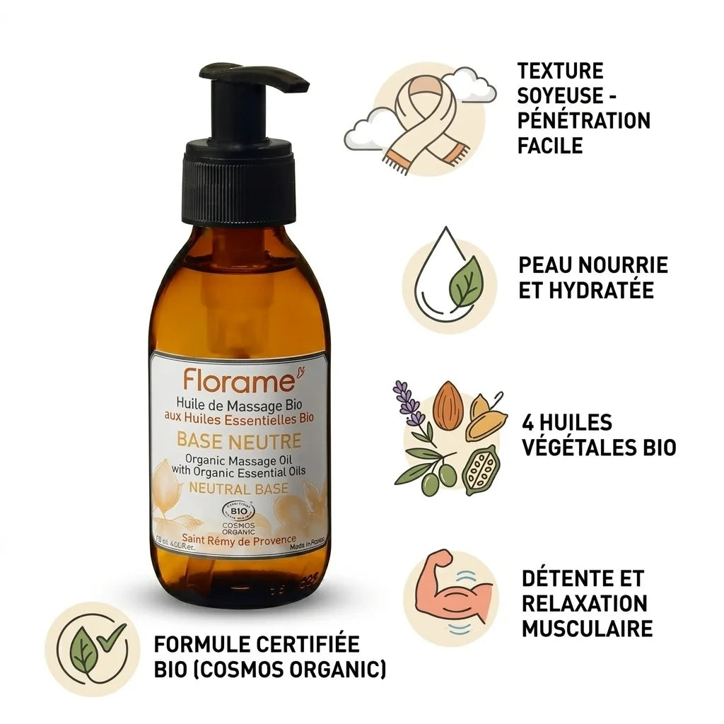 Huile de massage bio Florame base neutre en flacon verre ambré avec pompe doseuse