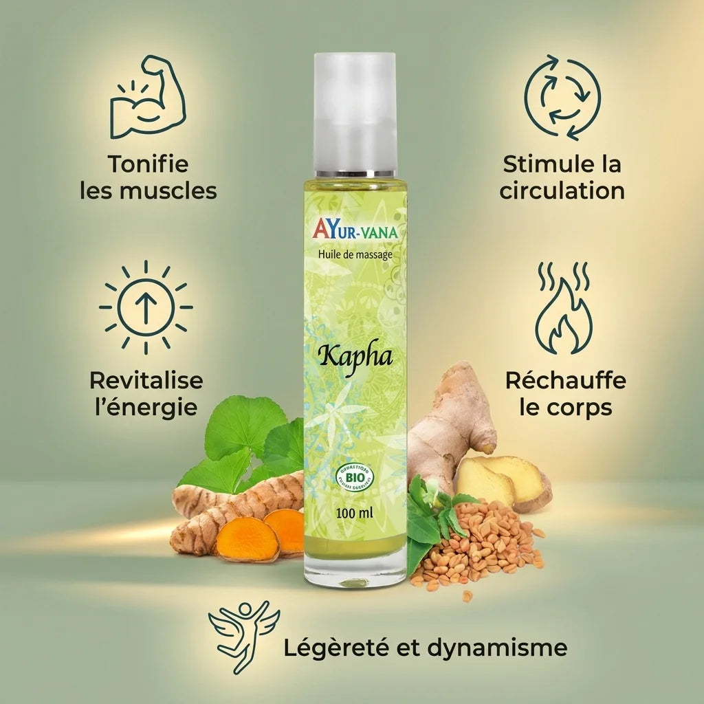 Huile de massage Kapha bio Ayurvana avec ses 5 bénéfices: tonification, circulation, énergie, chaleur et dynamisme