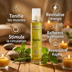 Huile de massage Kapha bio Ayurvana avec ses 5 bénéfices : tonification, circulation, énergie, raffermissement et rééquilibrage